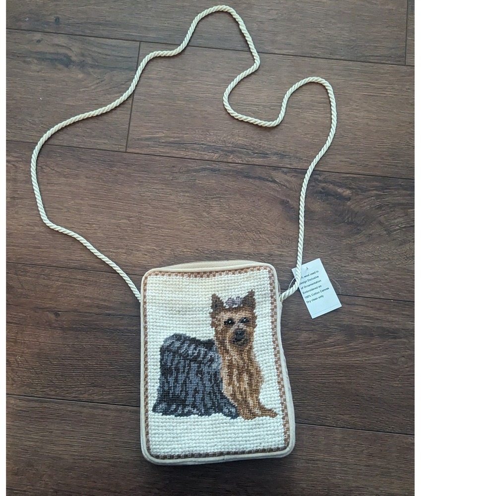 Adorable‎ Yorkshire Terrier Needlepoint Crossbody Bag With Rope Strap